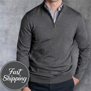169$ GARNET Men’s L Merino Wool 1/4-Zip Pullover Charcoal Gray Knit Sweater